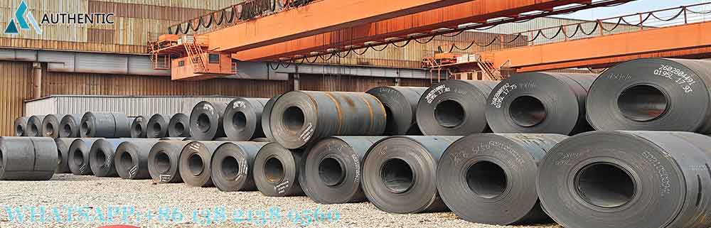 Large inventory of premium Hot Rolled Steel Coils (HRC) at Authentic Steel warehouse in Tianjin, ready for global export.