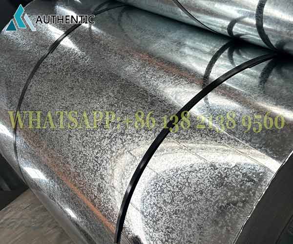 Detail spangle (bunga seng) yang jelas pada permukaan jual galvanized steel coil, menunjukkan kualitas lapisan pelindung yang estetis dan tahan lama.