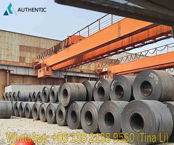 Heavy-duty hot rolled steel coil bundles resting in the logistics shipping yard, ready for fast maritime export and convenient global delivery.