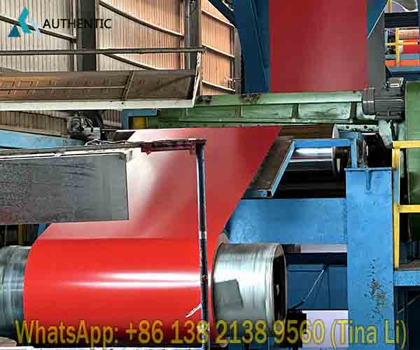 Continuous color coating line displaying automated PPGI steel coil manufacturing process at an advanced industrial factory.