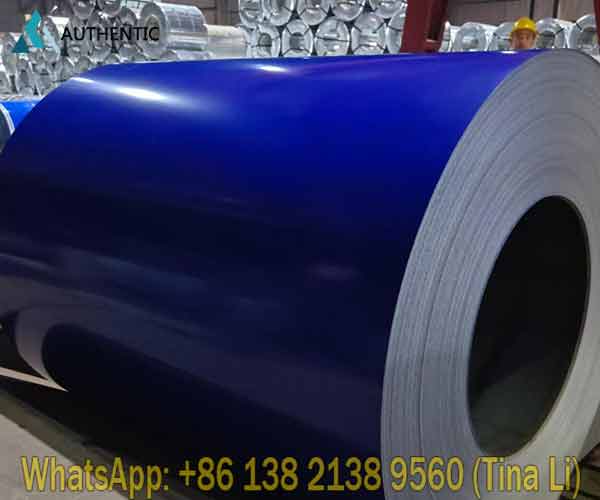 Premium sea blue PPGL steel coil undergoes strict surface quality control under regular PE coating production at Authentic Steel factory.