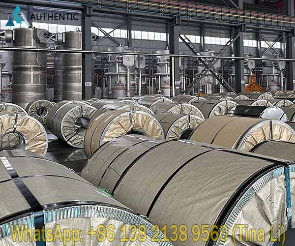 A row of secure seaworthy packed blue PPGL steel coils wrapped with steel straps and moisture-proof shield, ready for convenient maritime shipping.