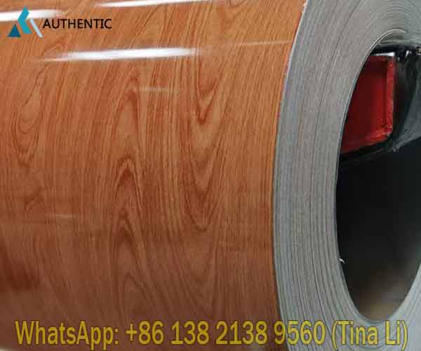 Close-up shot showing the realistic timber effect and high-quality paint finish of patterned steel coil from Authentic Steel.