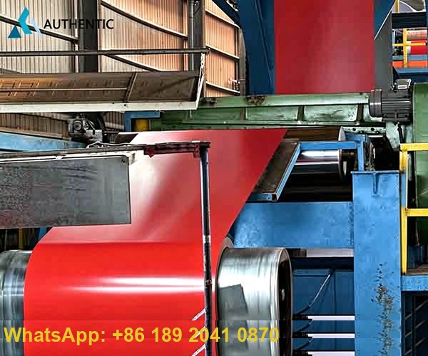 Continuous color coating line displaying automated PPGI steel coil manufacturing process at an advanced industrial factory.