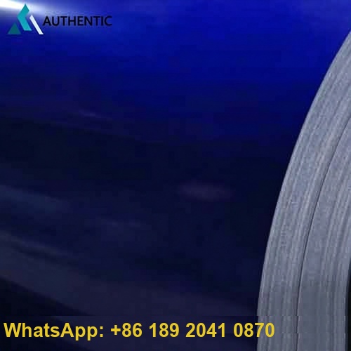 Premium sea blue PPGL steel coil undergoes strict surface quality control under regular PE coating production at Authentic Steel factory.